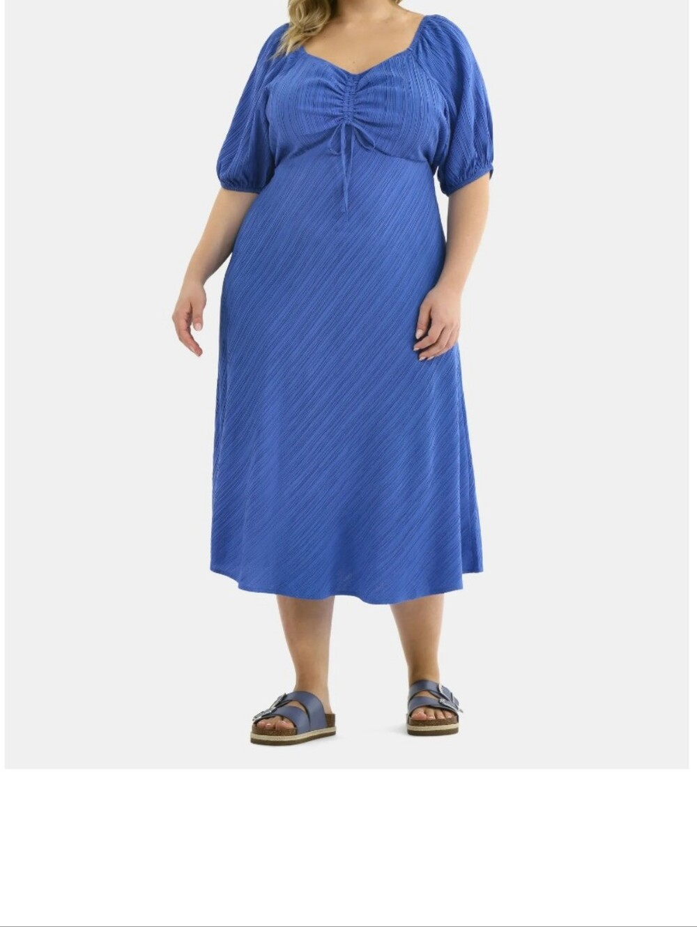 Plus Size Blue Midi Dress with Ruched Bodice